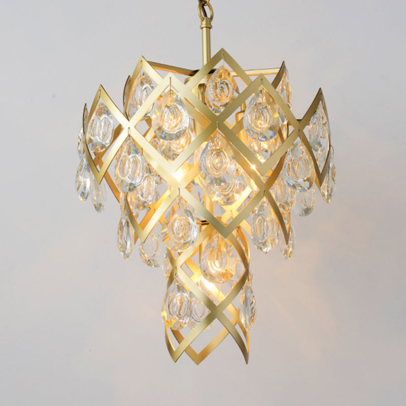 Gold Mid Century Crisscross Chandelier With 4 Faceted Crystal Pendant Lights