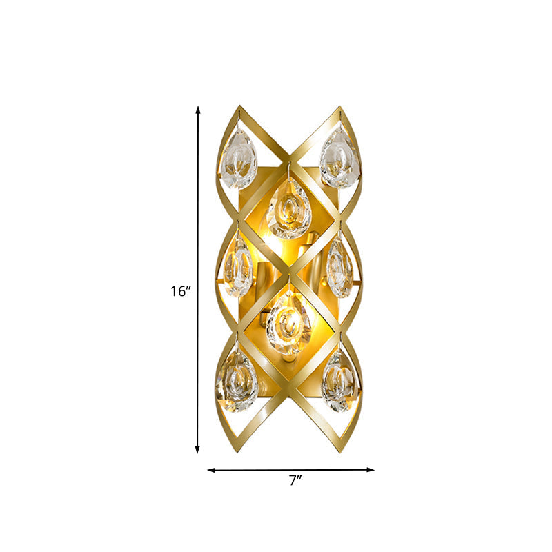 Mid Century Criss-Cross Crystal Bedside Wall Light Fixture Gold Mount Lamp With 2 Heads