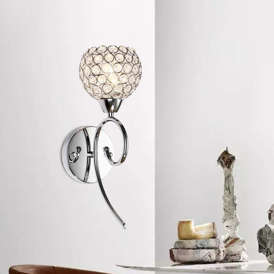 Modern Hemisphere Crystal Wall Lamp With Chrome Scroll Arm Sconce Light