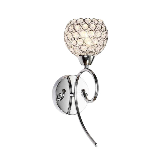 Modern Hemisphere Crystal Wall Lamp With Chrome Scroll Arm Sconce Light