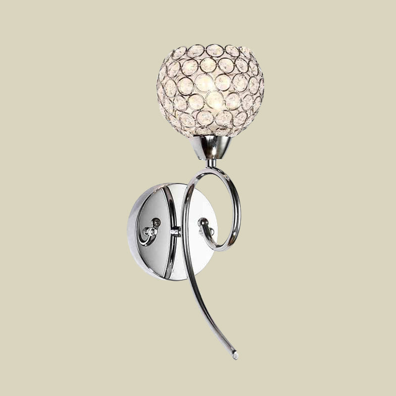 Modern Hemisphere Crystal Wall Lamp With Chrome Scroll Arm Sconce Light