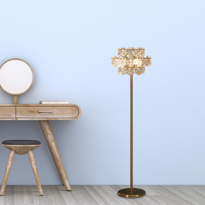 Gold Tiered Hexagon Crystal Floor Lamp - Mid Century 1-Light Stand Up Lighting For Sitting Room