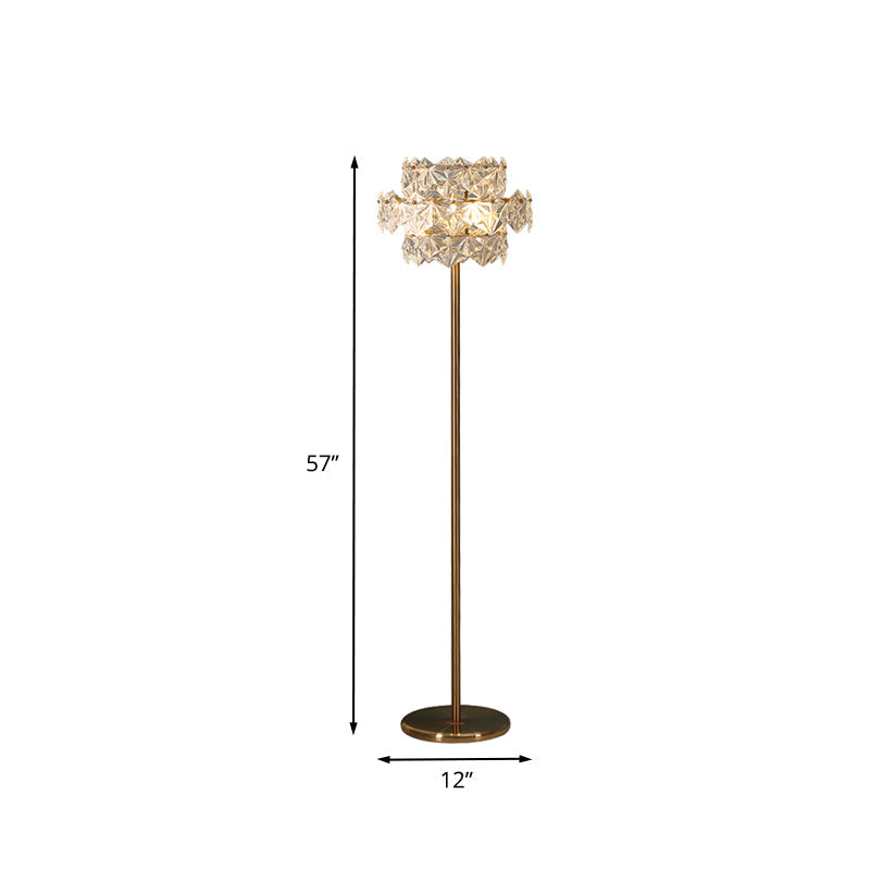 Gold Tiered Hexagon Crystal Floor Lamp - Mid Century 1-Light Stand Up Lighting For Sitting Room