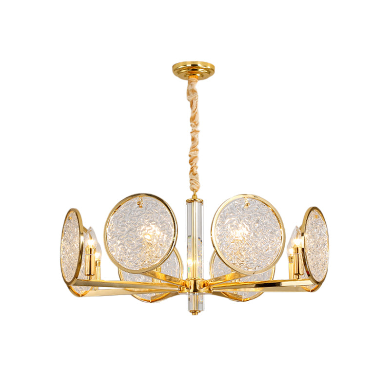 Postmodern 8-Head Gold Hanging Chandelier With Textured Glass - Ideal For Dining Table