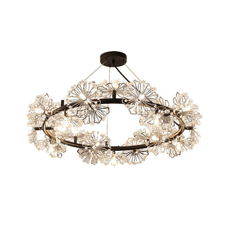Modern Black Crystal Flower Circle Chandelier Pendant Light For Living Room - 15 Heads
