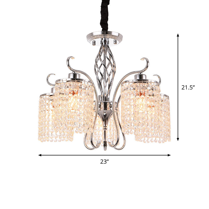 Modern Chrome Cylindrical Chandelier Lamp With Crystal Strand - 3/5-Head Hanging Pendant Light