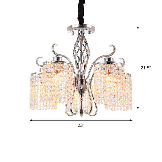 Modern Chrome Cylindrical Chandelier Lamp With Crystal Strand - 3/5-Head Hanging Pendant Light