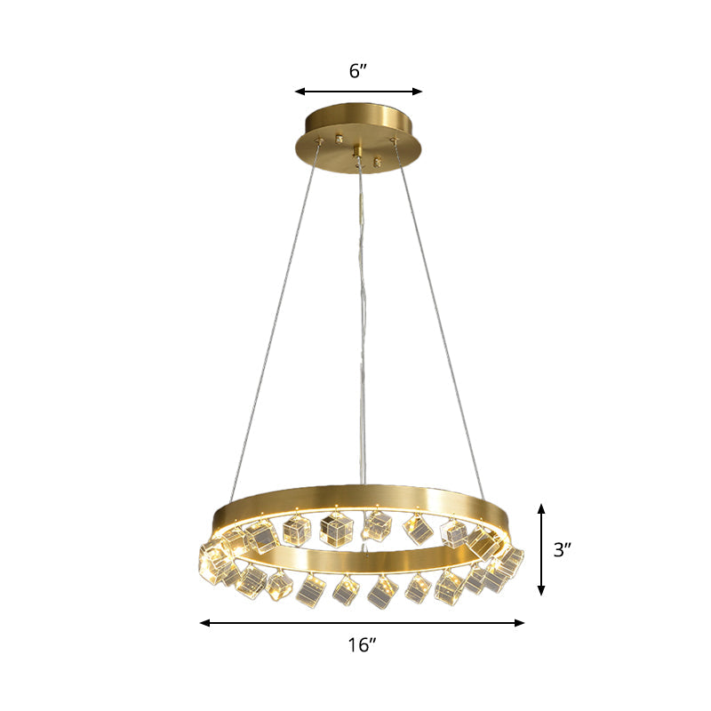 Minimalistic Gold Metal Led Pendant Light With Dangling Crystal Cube For Kitchen Dinette Chandelier