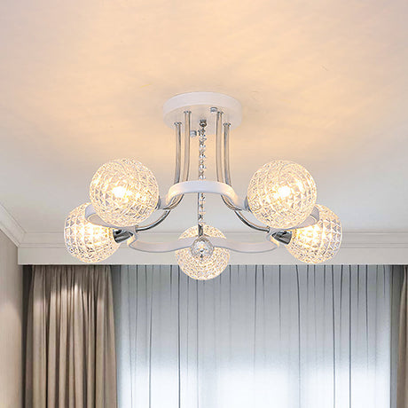 Sleek White Glass Ball Ceiling Light With Lattice Design - Semi Flush Mount 3/5 Lights Modern