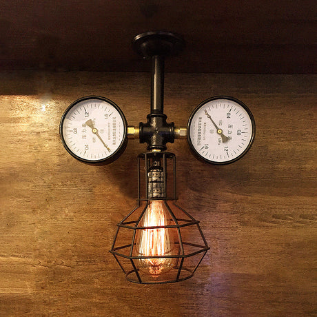 Vintage Black Domed Cage Ceiling Fixture With Gauge Decoration - 1 Light Semi Flush Mount Lamp For