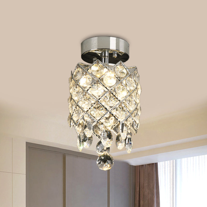 Simple Crystal Pineapple Flushmount Ceiling Lamp: Small Corridor 1-Light Chrome Finish With Droplet