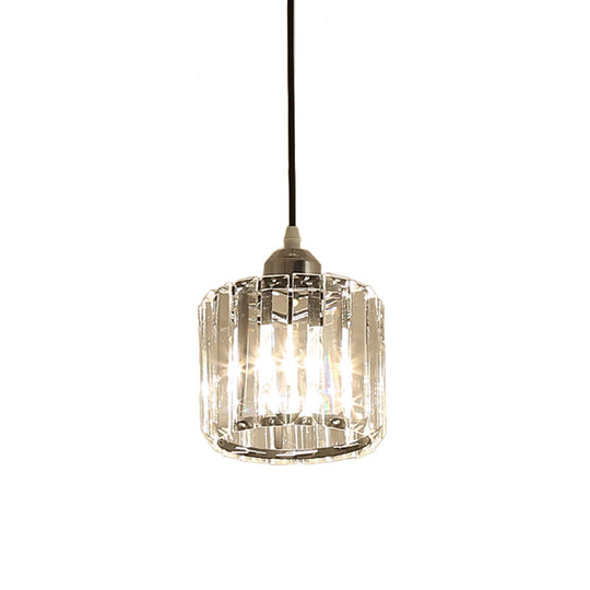 Simple Chrome Cylinder Pendant Lamp With Crystal Pendulum - Ideal For Bedside Or Ceiling