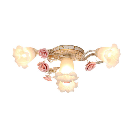 American Flower Milk Glass Morning Glory Ceiling Light - Pink Semi Flush Mount With 4/6 Heads