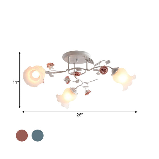 Frosted Glass Bud Semi Flush Chandelier In Pink/Blue/Blue - White - Ceiling Mount Lamp For