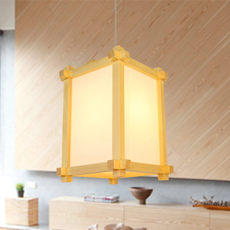 Japanese-Style Wood Pendant Light Fixture - Box Shape Beige