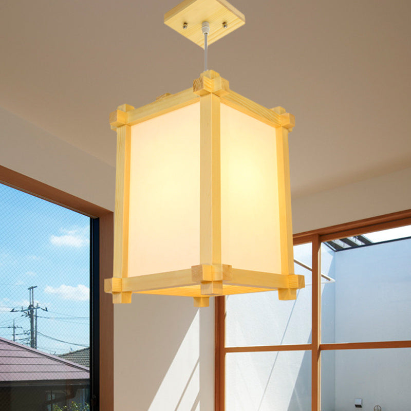 Japanese-Style Wood Pendant Light Fixture - Box Shape Beige