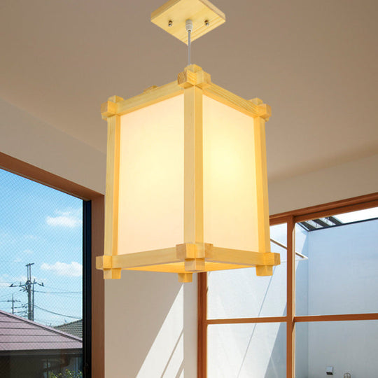 Pendant Light Fixture - Japanese-Style Wood 1-Bulb Box Shape Hanging Lamp Beige Color Ideal For