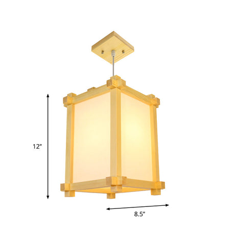 Pendant Light Fixture - Japanese-Style Wood 1-Bulb Box Shape Hanging Lamp Beige Color Ideal For