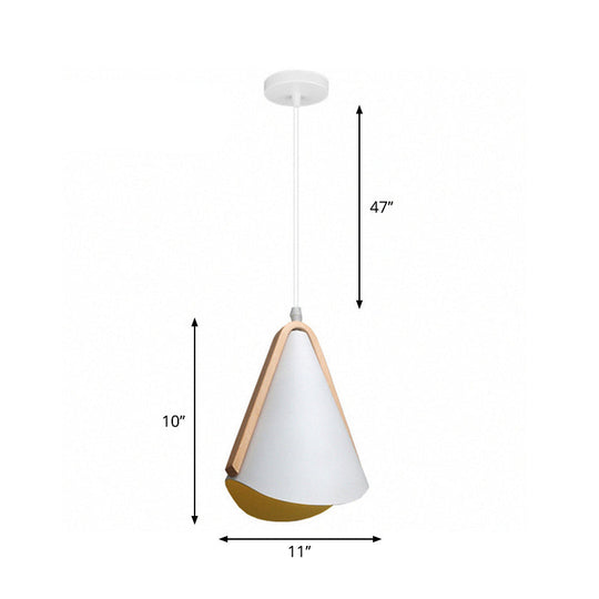 Modern White-Wood Conic Pendant Light For Dining Table With Metal Suspension - 1 Bulb