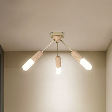 Modern Wood Capsule Semi Mount Ceiling Lamp For Bedroom - Beige 3/5-Light 3 /