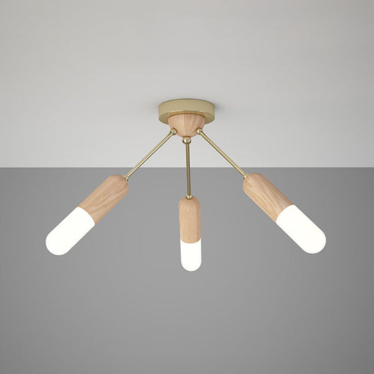 Modern Wood Capsule Semi Mount Ceiling Lamp For Bedroom - Beige 3/5 - Light
