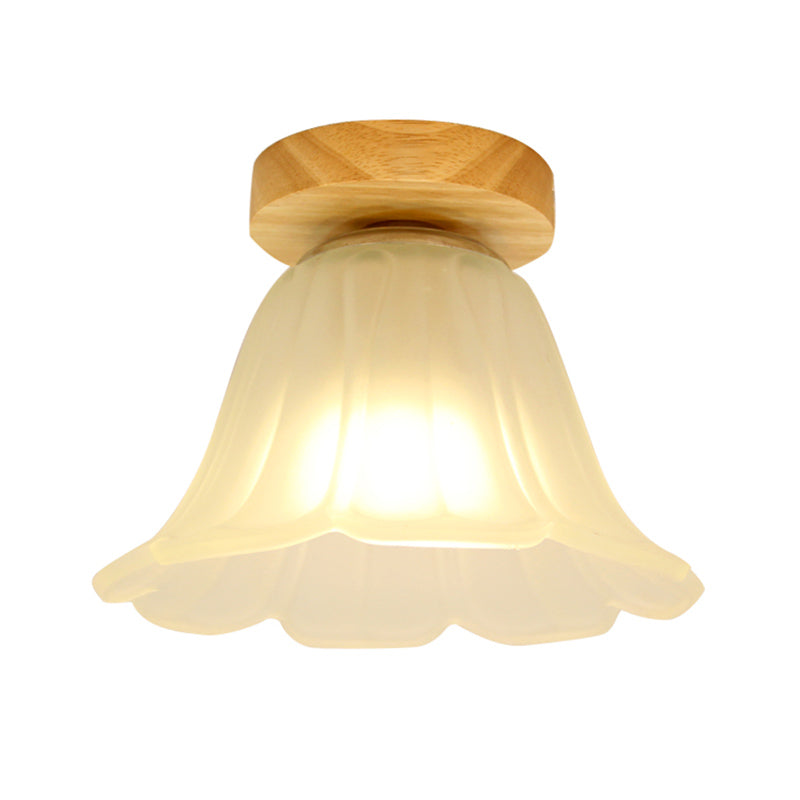 Modern Wood Flush Mount With White Glass Shade - 1 - Head Corridor Lamp