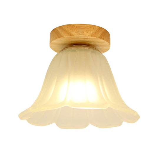 Modern Wood Flush Mount With White Glass Shade - 1 - Head Corridor Lamp