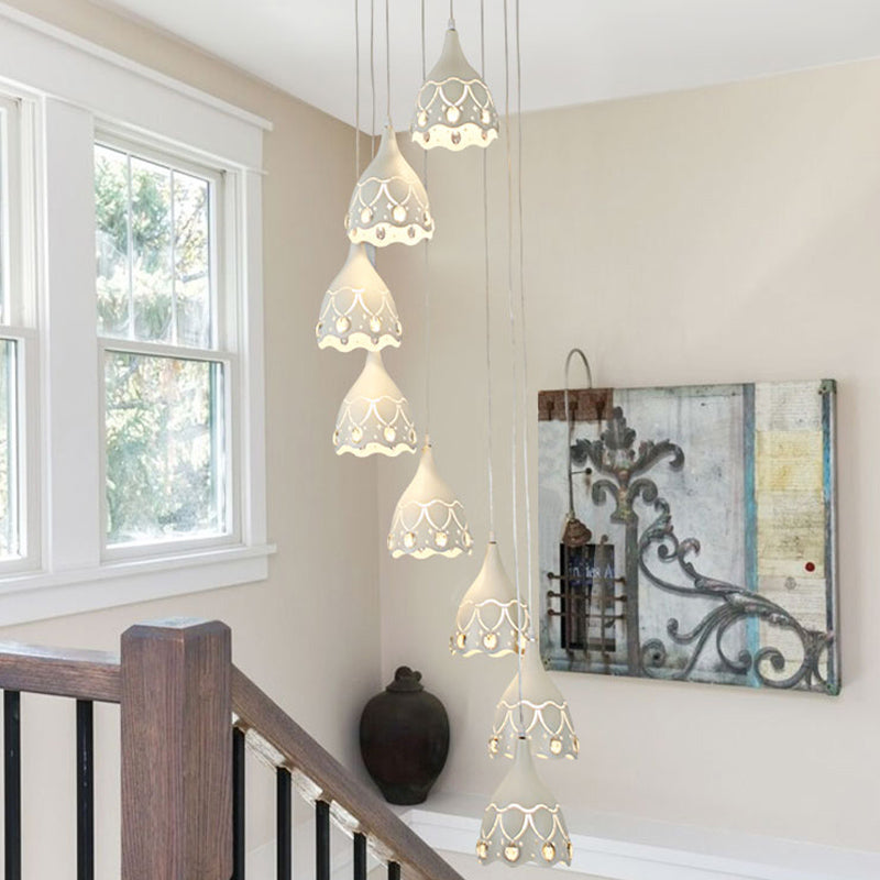 Contemporary Spiral Ceiling Light With 8 White Iron Lights And Carved Design For Stairs