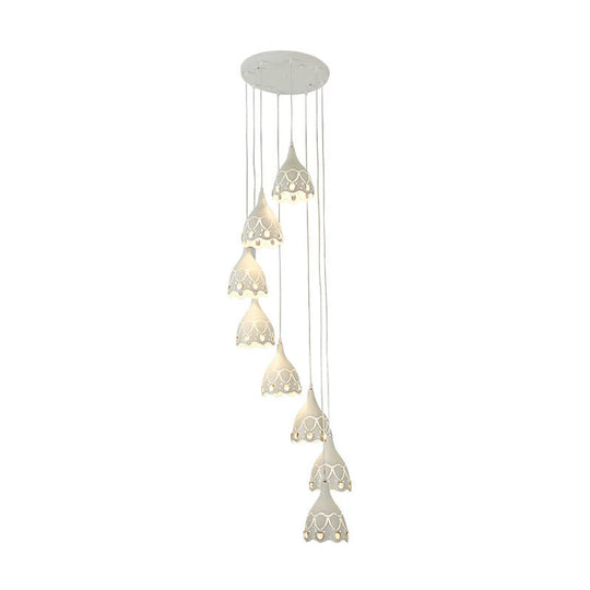 Contemporary Spiral Ceiling Light With 8 White Iron Lights And Carved Design For Stairs