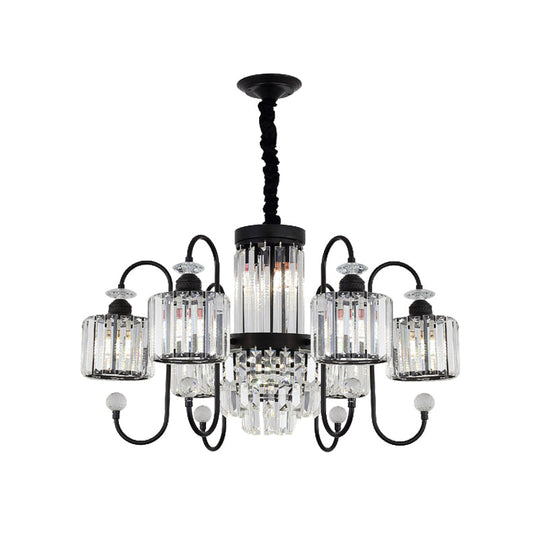 Modern Crystal Black Chandelier - 5/8 Cylindrical Heads Suspension Light With Gooseneck Arm