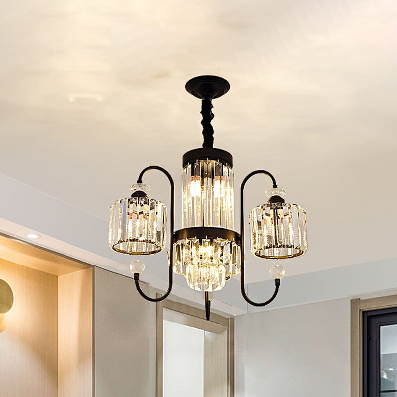 Modern Crystal Black Chandelier - 5/8 Cylindrical Heads Suspension Light With Gooseneck Arm