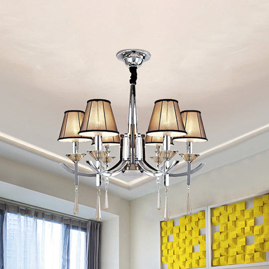 Modern Chrome Tapered Pendant Chandelier With 6 Lights Fabric Shade Crystal Drops - Bedroom Ceiling