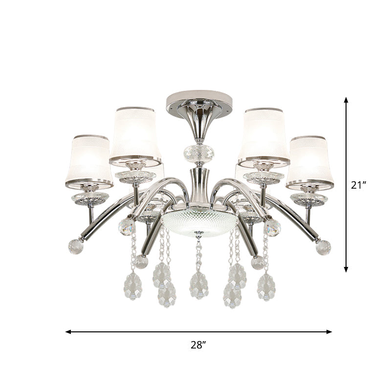 Contemporary Bell Semi Flush Mount Light With Crystal Drop - 6 - Bulb Chrome In Frosted Glass