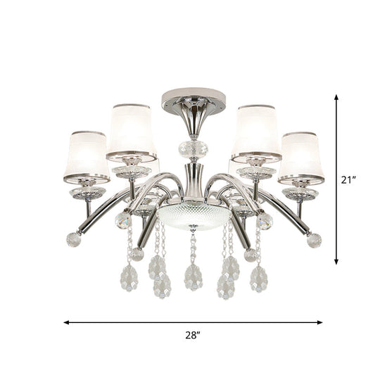 Contemporary Bell Semi Flush Mount Light With Crystal Drop - 6 - Bulb Chrome In Frosted Glass
