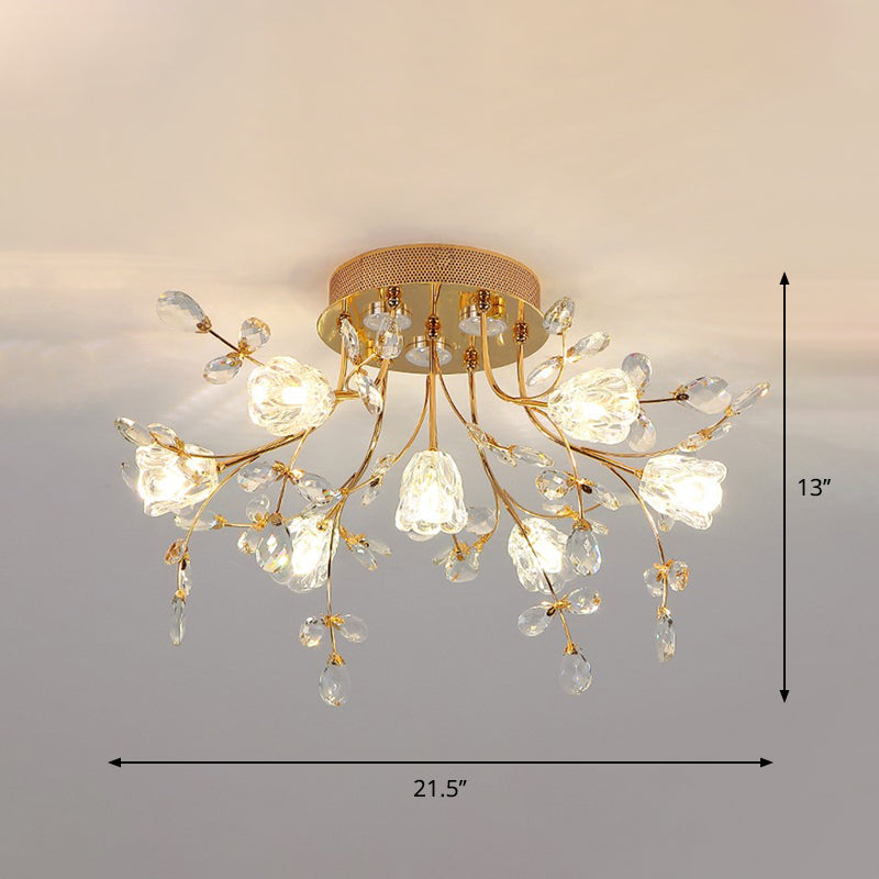 Contemporary Gold Crystal Flush Mount Lamp - 7 - Head Bedroom Lighting