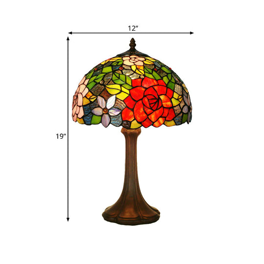 Aria - Victorian Hand-Cut Stained Glass Rose Table Light 1 Head Bronze Night Stand Lamp