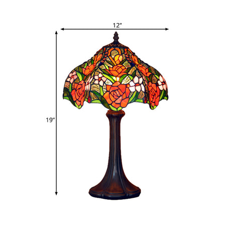 Tiffany Stained Glass Coffee Table Lamp With Ridged Shade And Rose Pattern