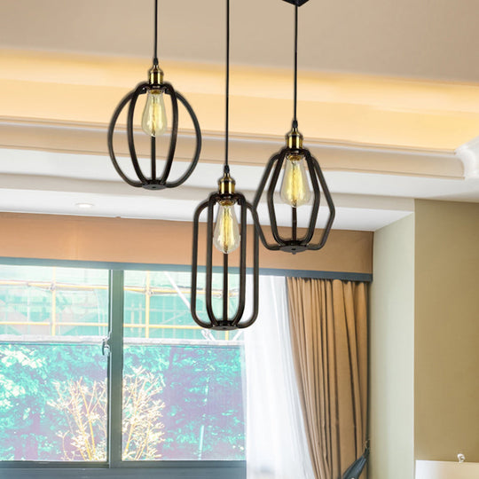 Black Cage Iron Pendant Lighting With Adjustable Cord For Living Room Ceiling