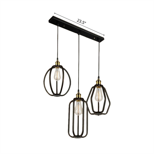 Black Cage Iron Pendant Lighting With Adjustable Cord For Living Room Ceiling