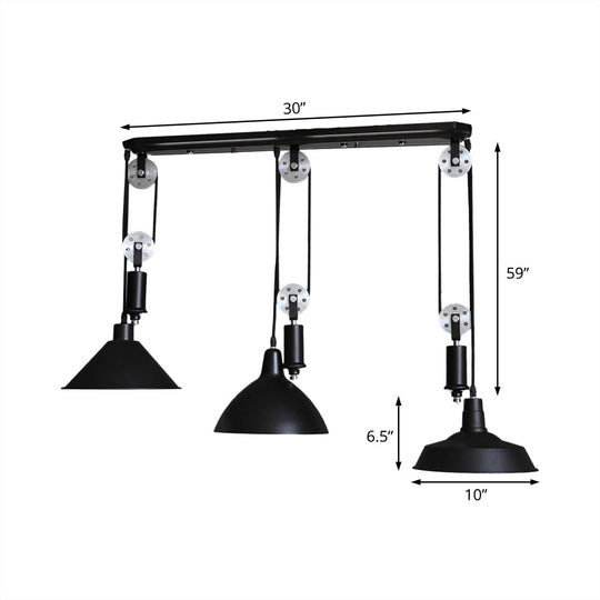 Industrial 3-Light Pendant With Adjustable Shades And Pulley Design In Black