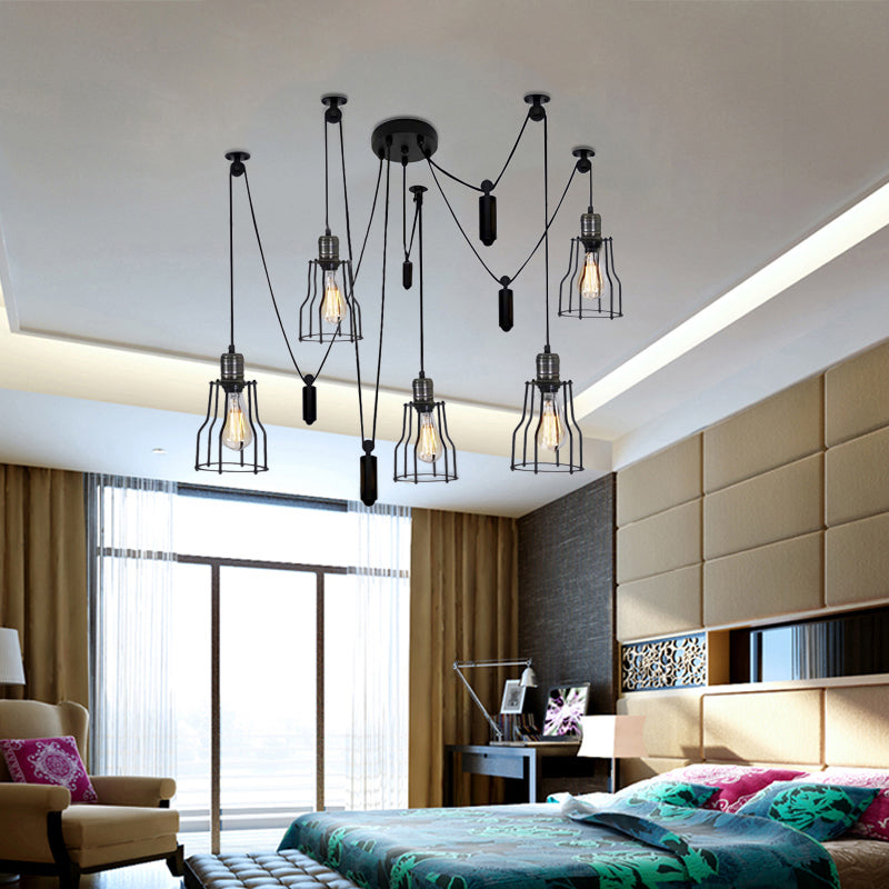 Spider Pendant Light With Wire Guard Shade - Farmhouse Style Black