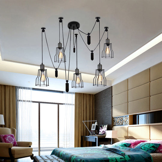 Spider Pendant Light With Wire Guard Shade - Farmhouse Style Black