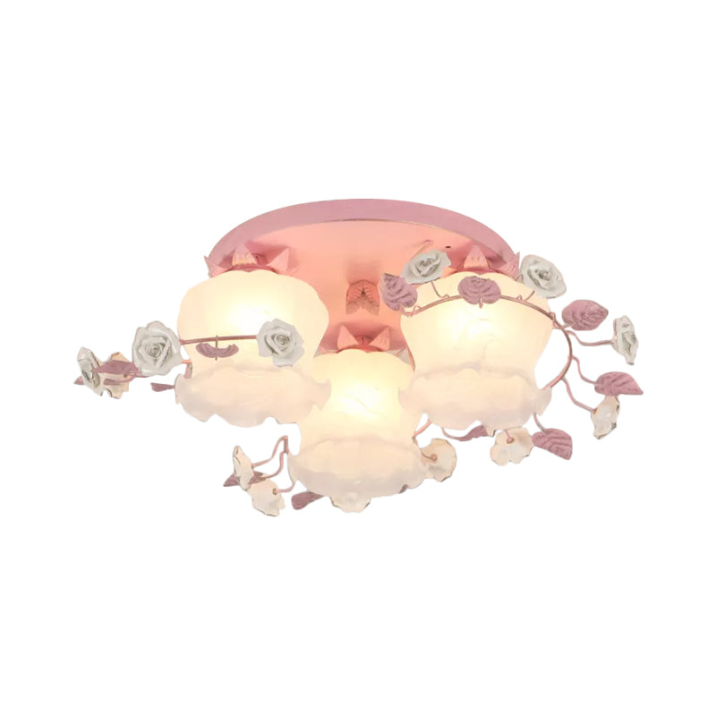 Pastoral Half - Open Flower Ceiling Lamp - 3/5 - Light Semi Mount Lighting With Frosted Glass &