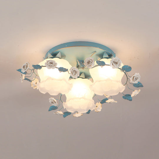 Pastoral Half - Open Flower Ceiling Lamp - 3/5 - Light Semi Mount Lighting With Frosted Glass &