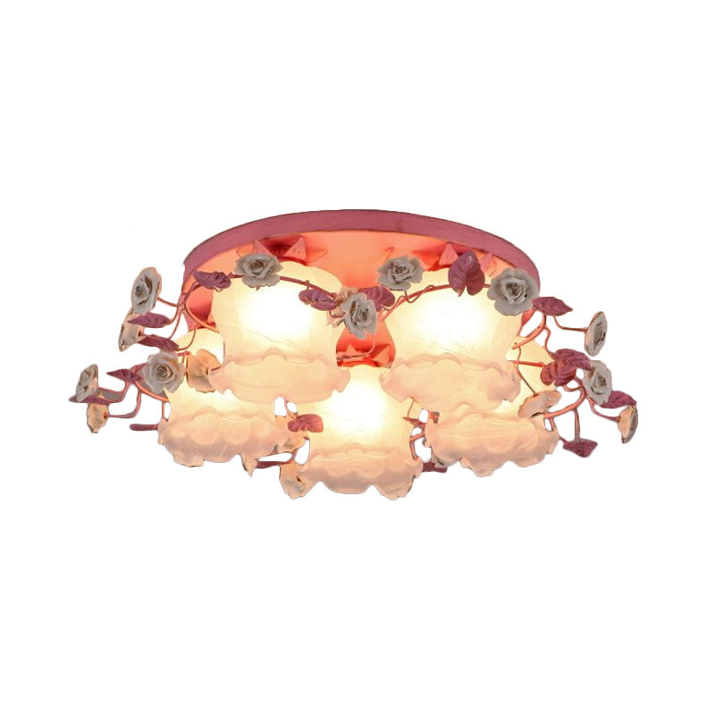 Pastoral Half - Open Flower Ceiling Lamp - 3/5 - Light Semi Mount Lighting With Frosted Glass &