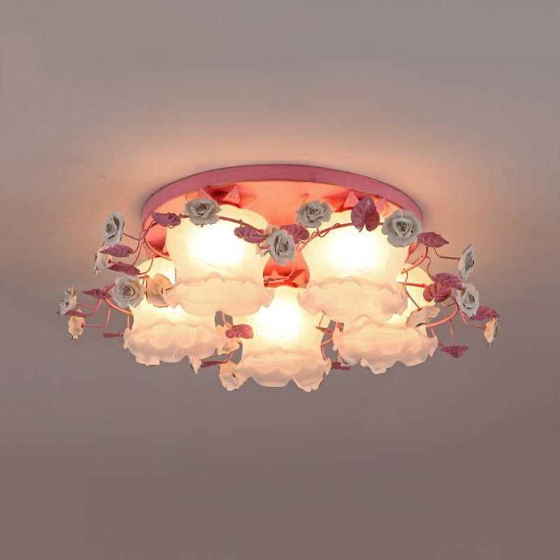 Pastoral Half-Open Flower Ceiling Lamp - 3/5-Light Semi Mount Lighting With Frosted Glass & Rose