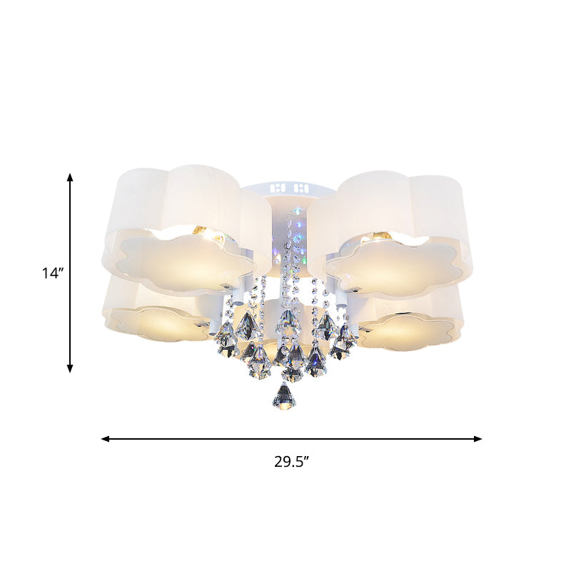 Bloom Glass Flush Mount Lamp With Crystal Draping - Contemporary Design 3/5 Heads White Light