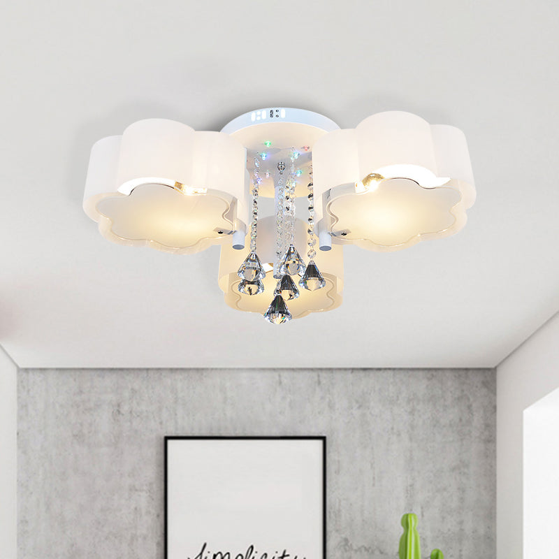 Bloom Glass Flush Mount Lamp With Crystal Draping - Contemporary Design 3/5 Heads White Light