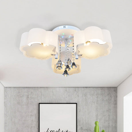 Bloom Glass Flush Mount Lamp With Crystal Draping - Contemporary Design 3/5 Heads White Light