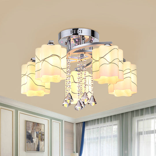Sleek Chrome Ceiling Flush Mount With Frosted Glass Scalloped Semi Design & Crystal Drop - 3/5